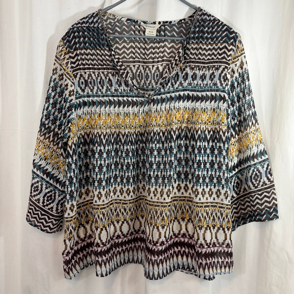 Ariat Boho Sheer Geometric Print Brown Teal Peasant Blouse Size M